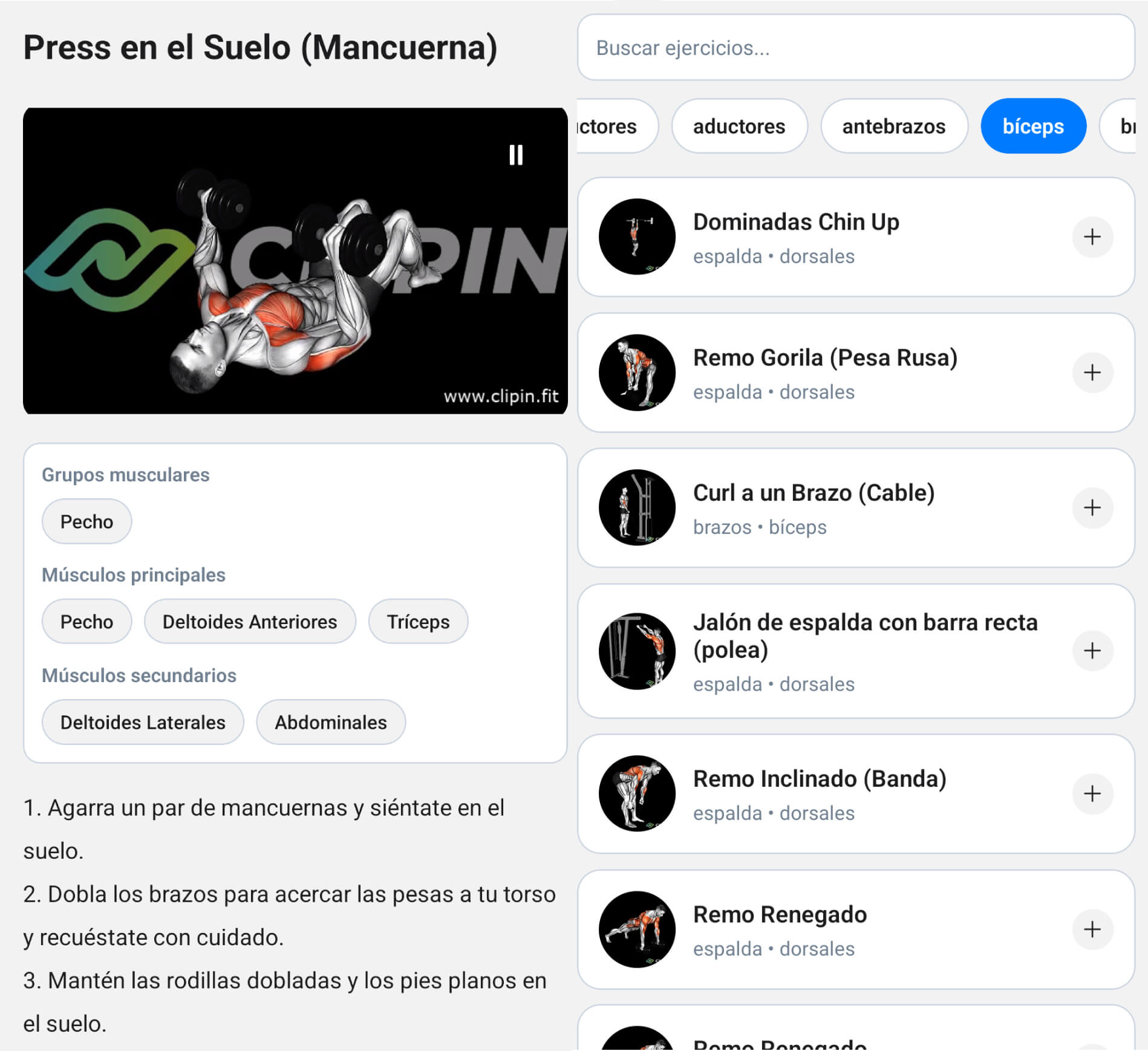 Biblioteca de ejercicios y vídeos en CLIPIN