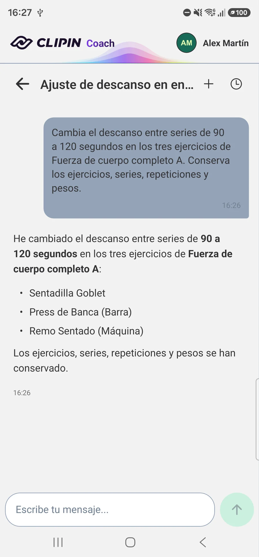 Petición y resultado reales del coach con IA