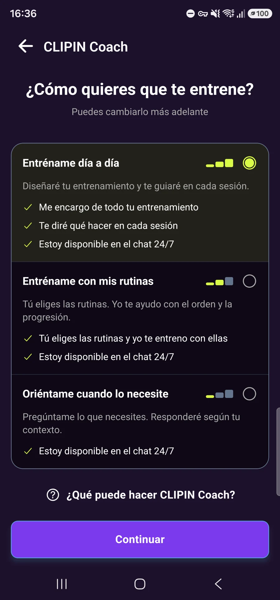 Selección de los tres modos de CLIPIN Coach