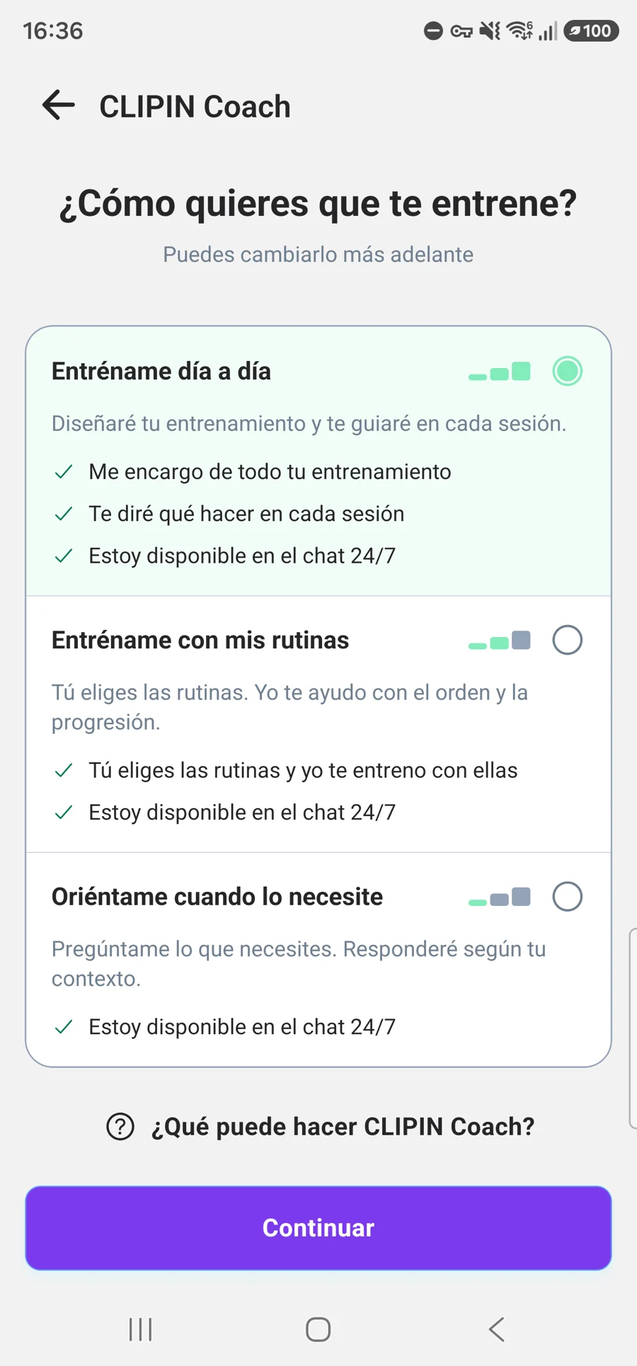 Selección de los tres modos de CLIPIN Coach