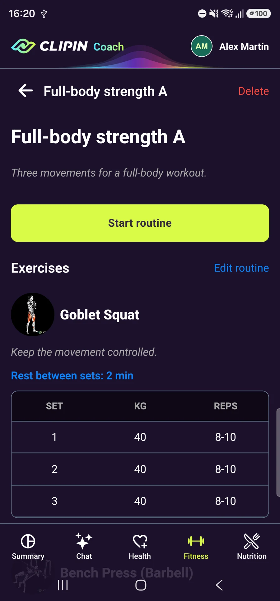 Saved routine with sets and rest intervals