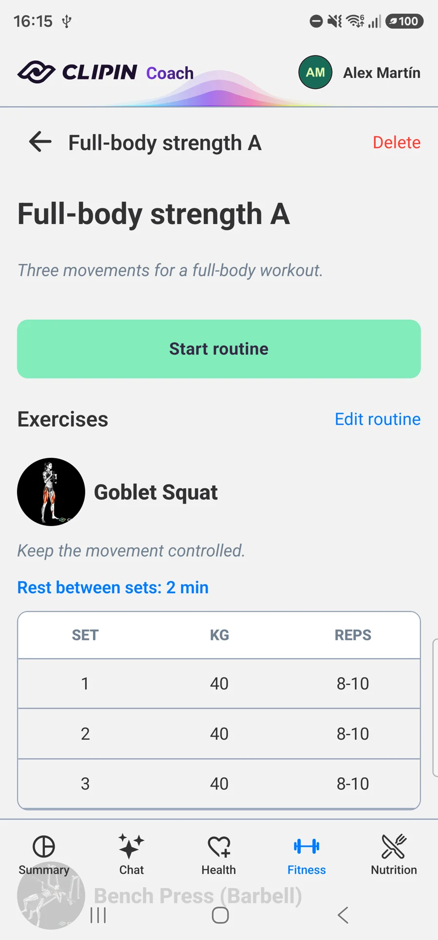 Saved routine with sets and rest intervals