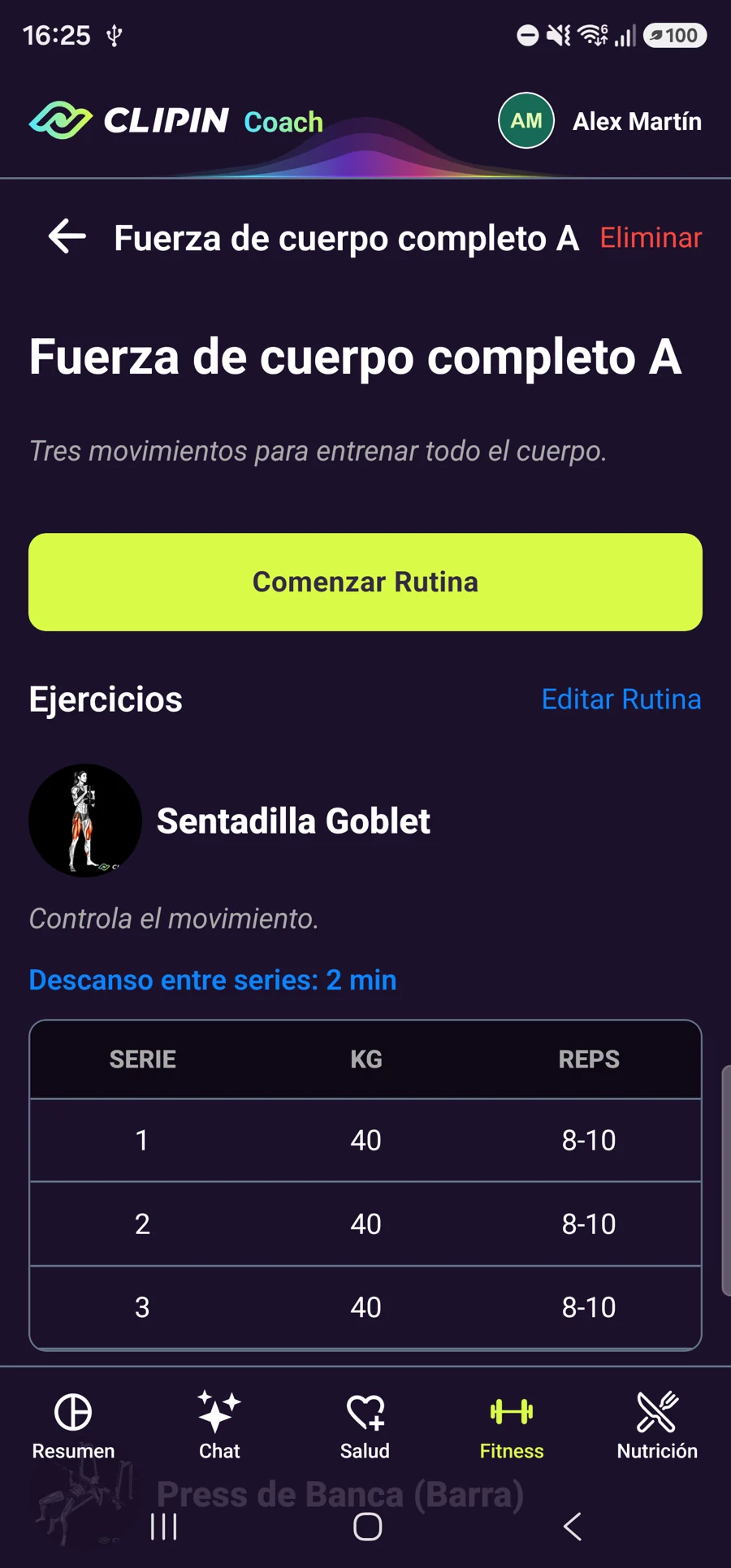 Rutina con series y descanso guardados