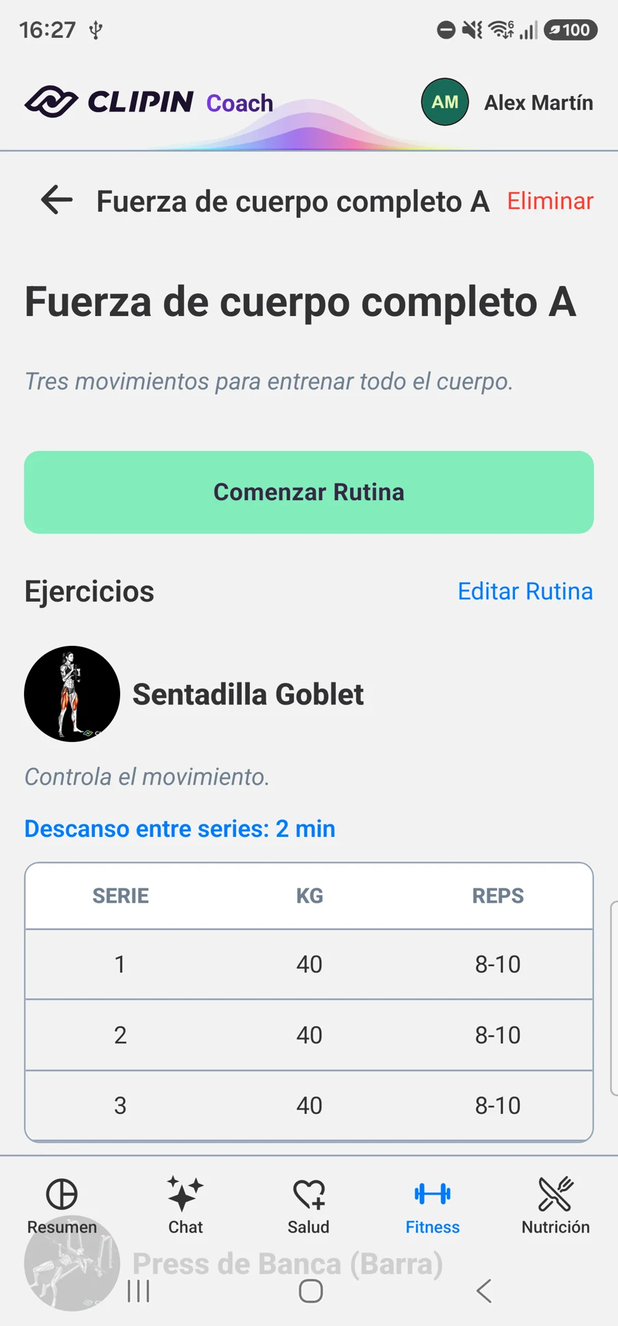 Rutina con series y descanso guardados