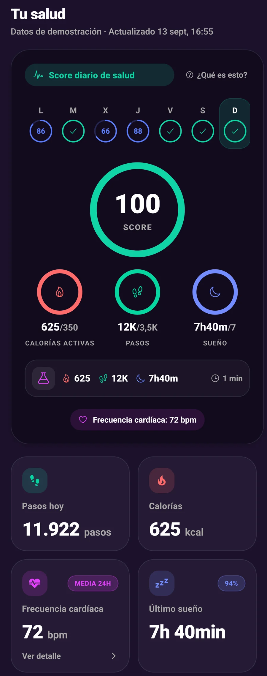 Score diario de CLIPIN con pasos, calorías activas y sueño