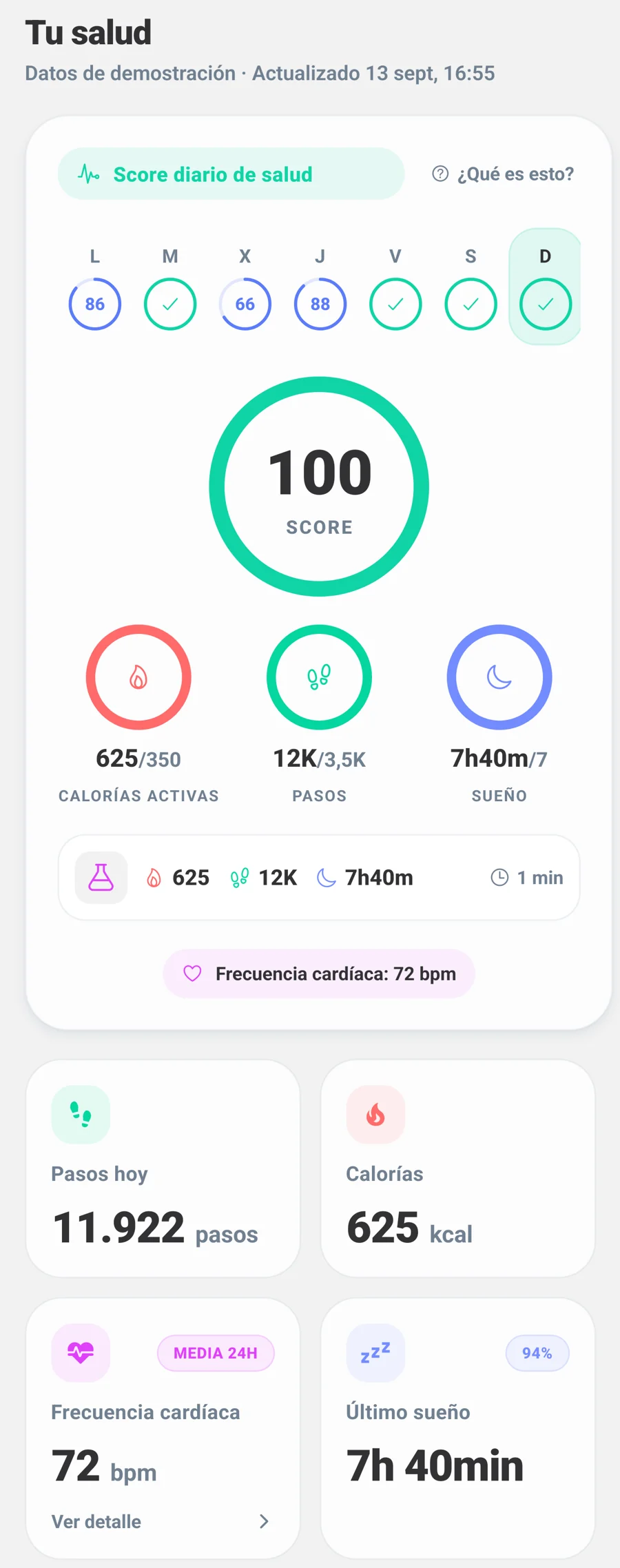 Score diario de CLIPIN con pasos, calorías activas y sueño