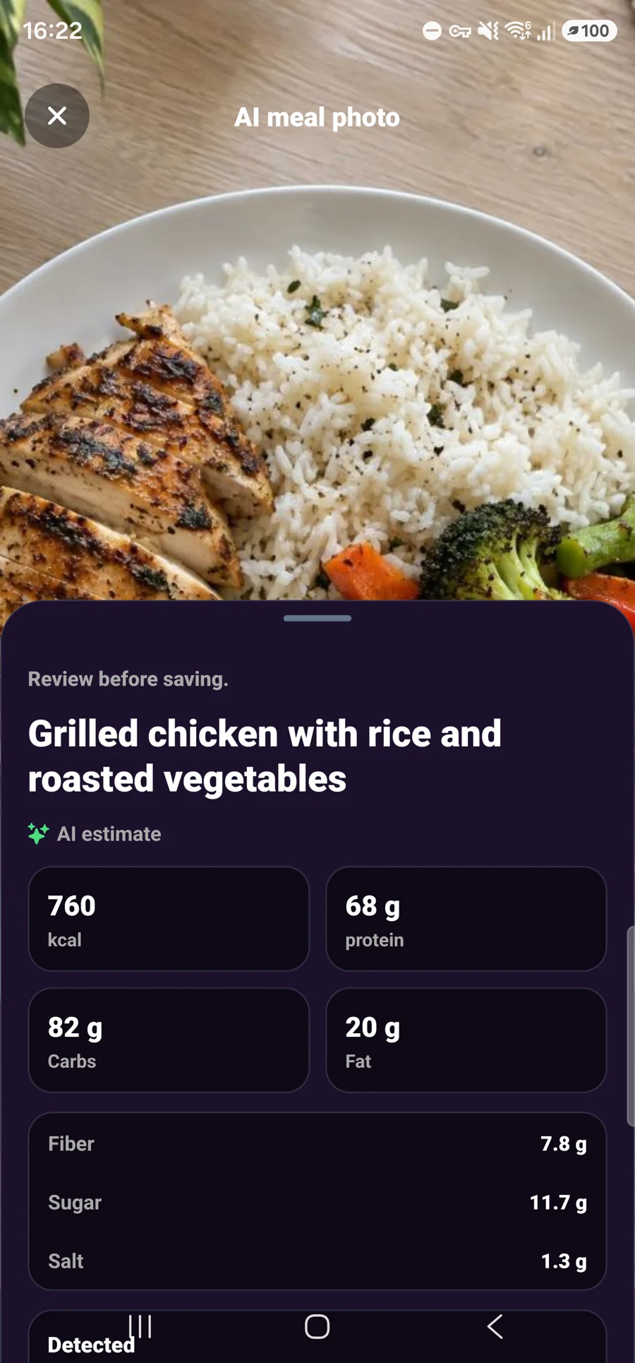 Meal photo review with estimated calories and macros