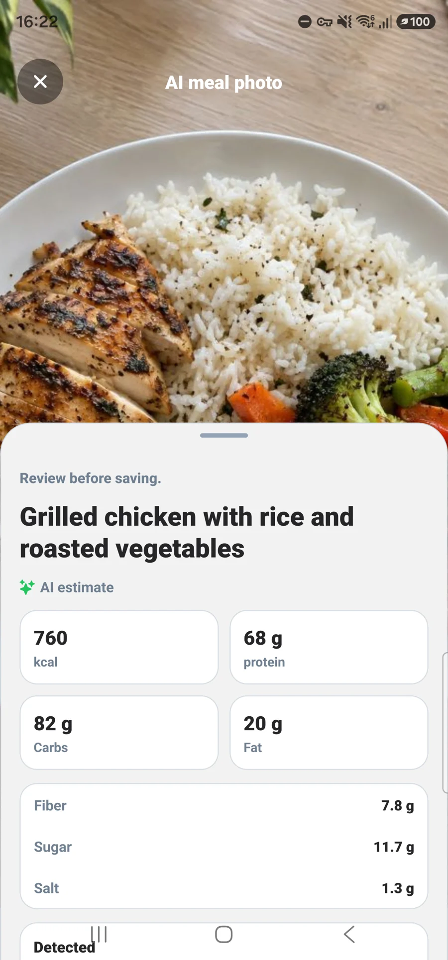 Meal photo review with estimated calories and macros