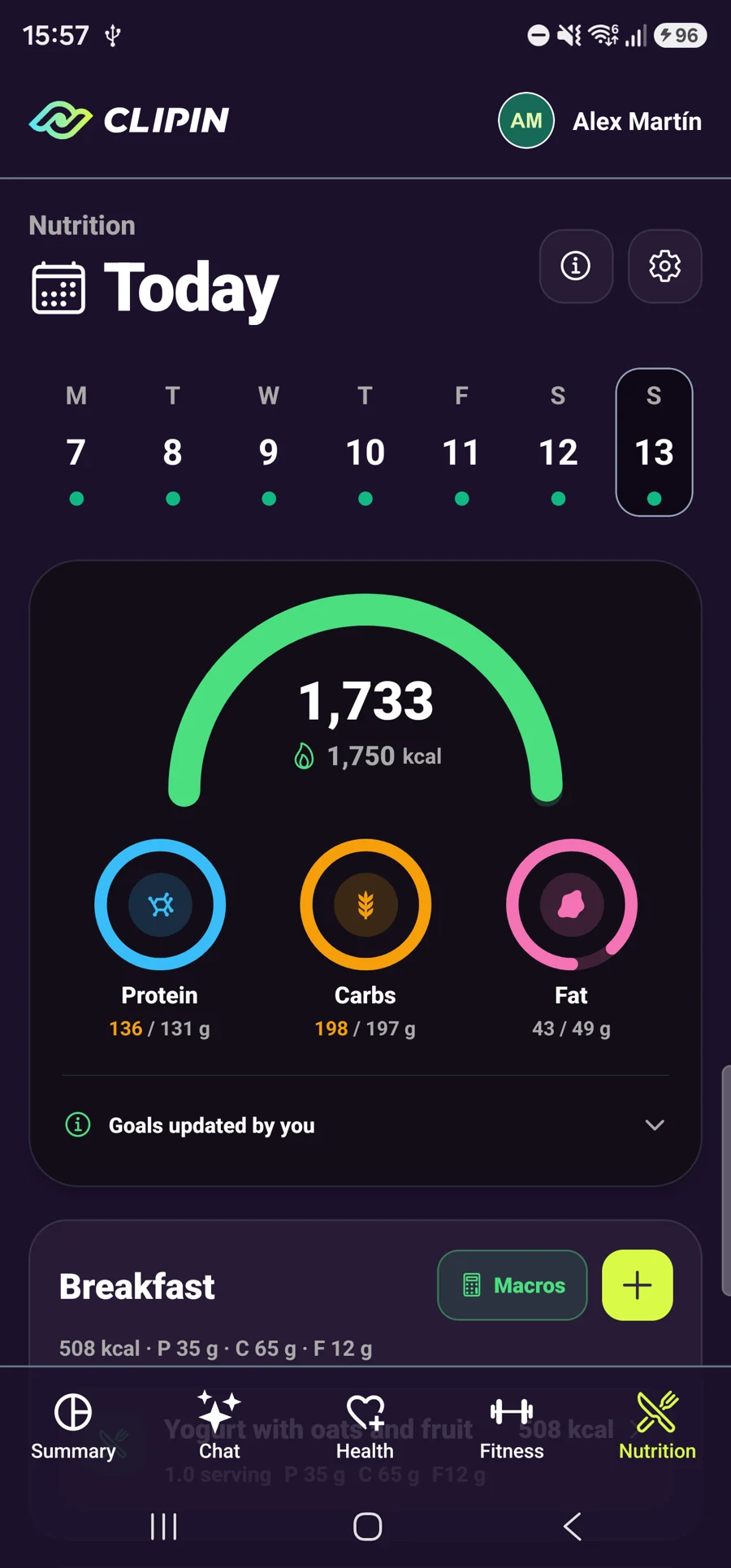 Nutrition diary with calendar, calories, macros and goals