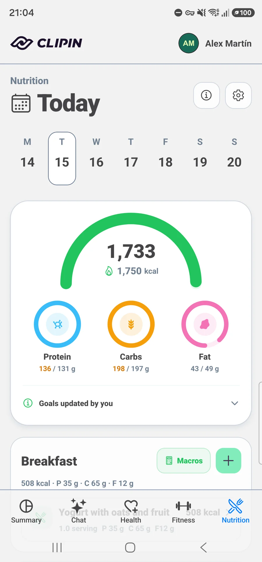 Nutrition diary with calendar, calories, macros and goals