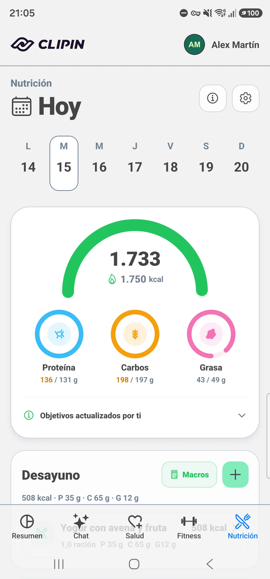 Diario de nutrición con calendario, calorías, macros y objetivos