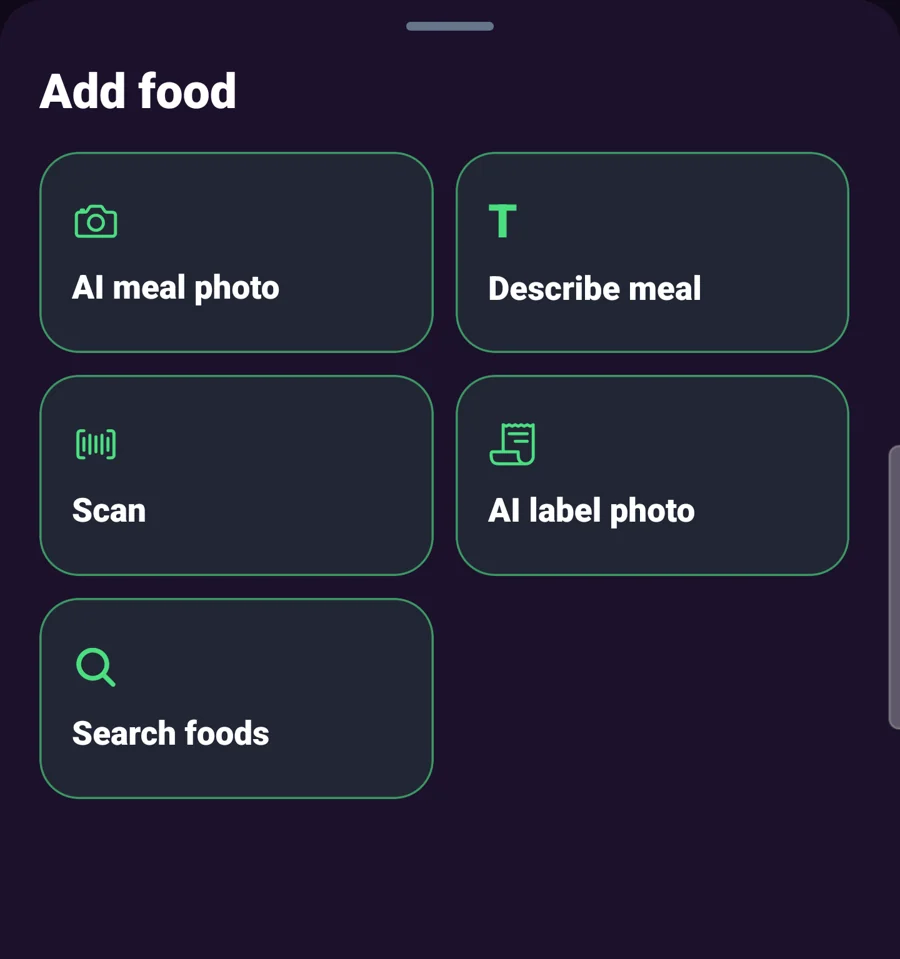 Five ways to log food: meal photo, description, barcode scan, label photo and food search