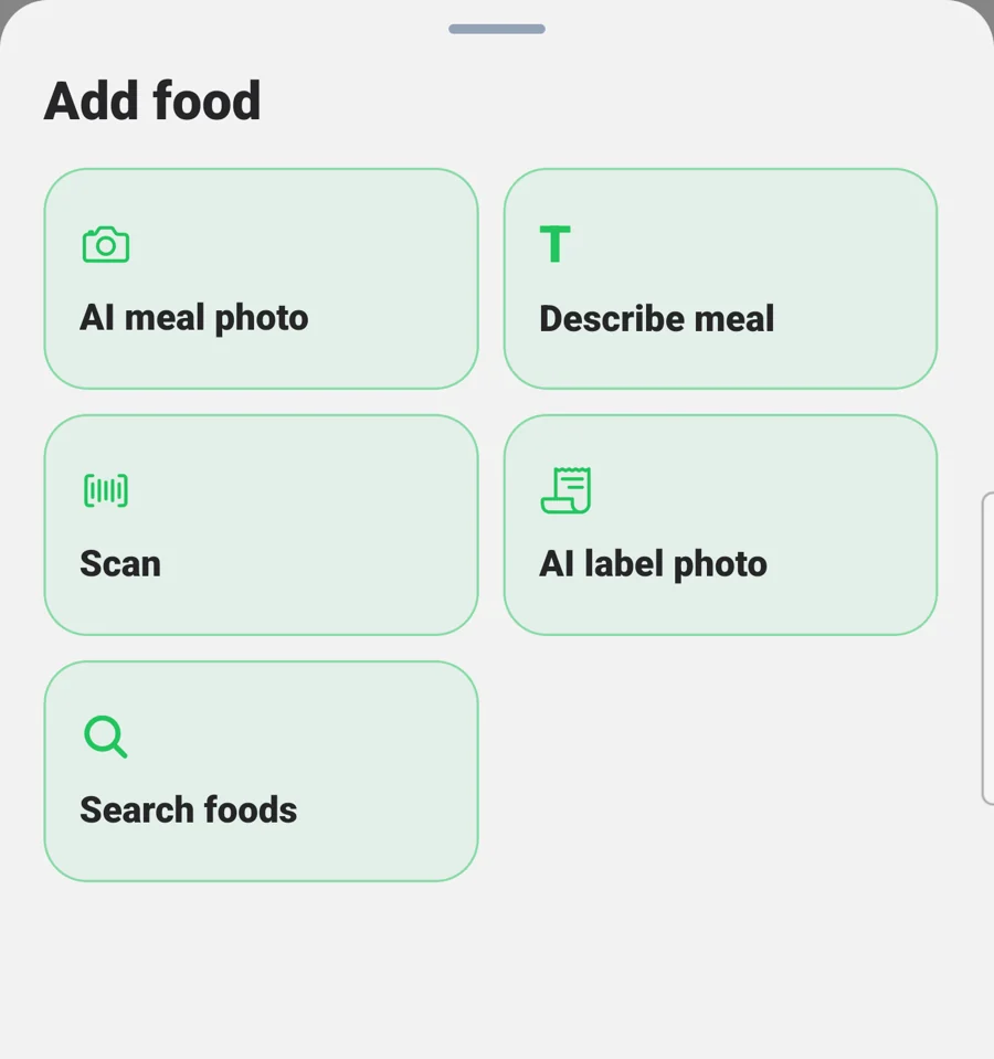 Five ways to log food: meal photo, description, barcode scan, label photo and food search