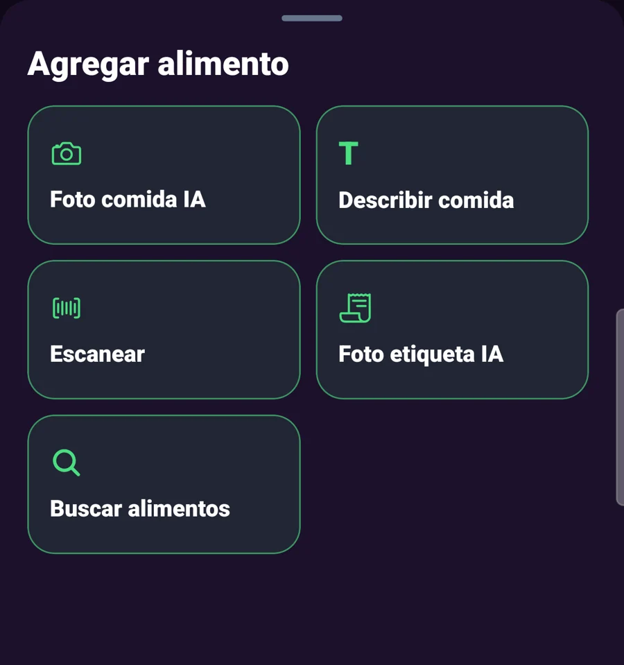 Cinco formas de registrar comida: foto del plato, descripción, código de barras, foto de la etiqueta y búsqueda de alimentos