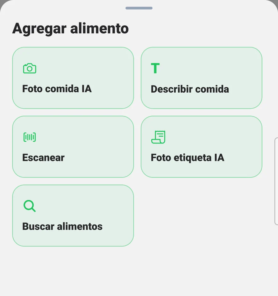 Cinco formas de registrar comida: foto del plato, descripción, código de barras, foto de la etiqueta y búsqueda de alimentos