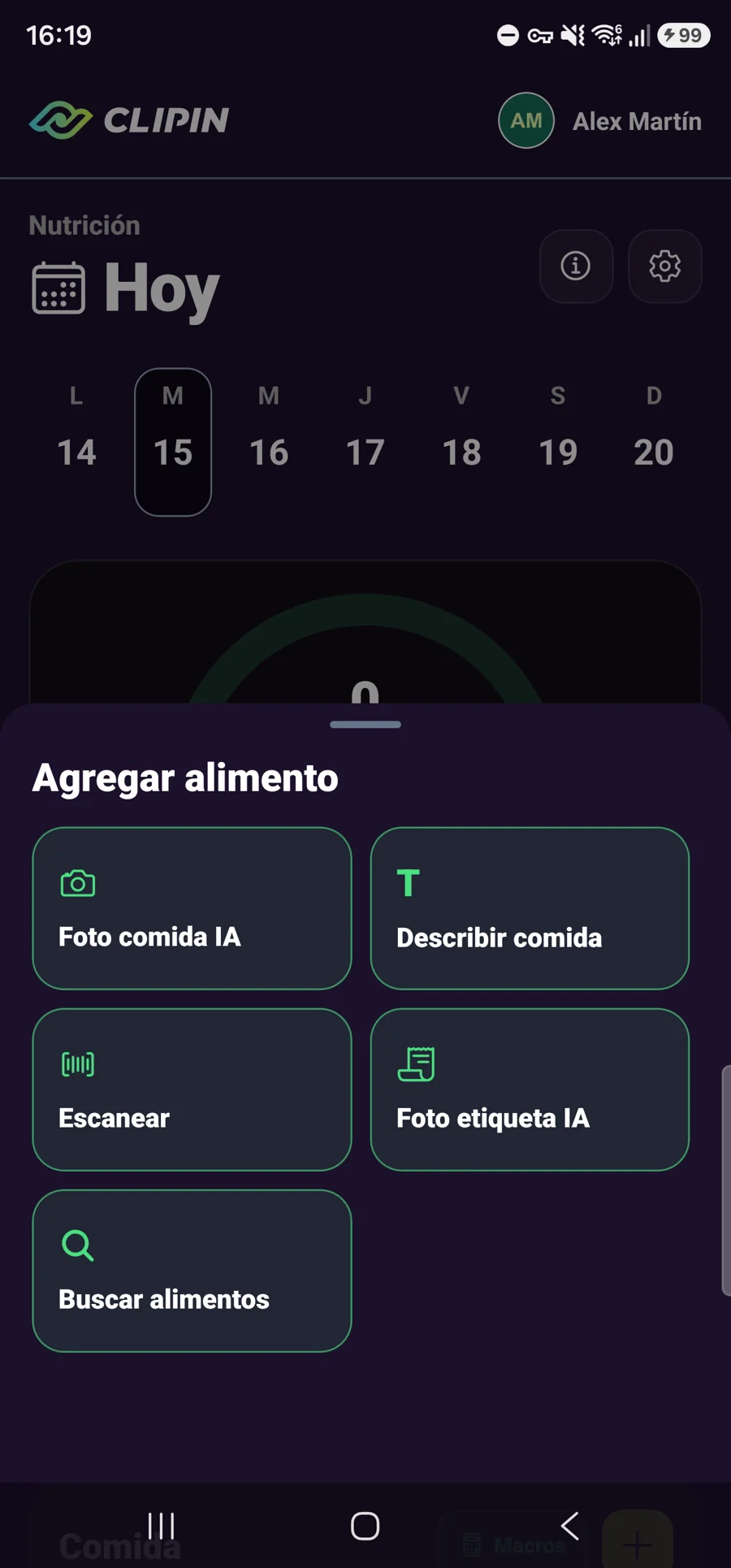 Menú Añadir comida con las opciones de registro