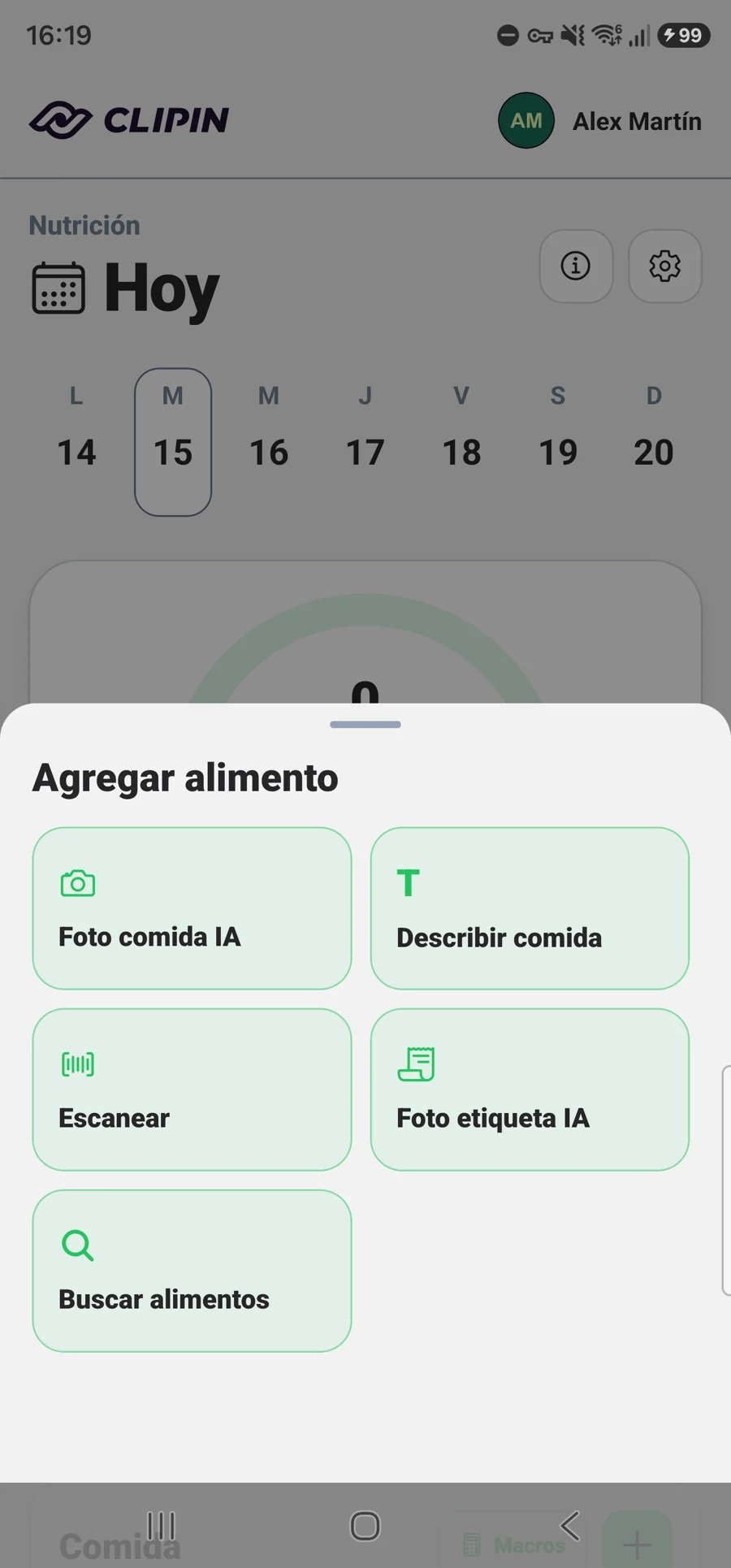 Menú Añadir comida con las opciones de registro