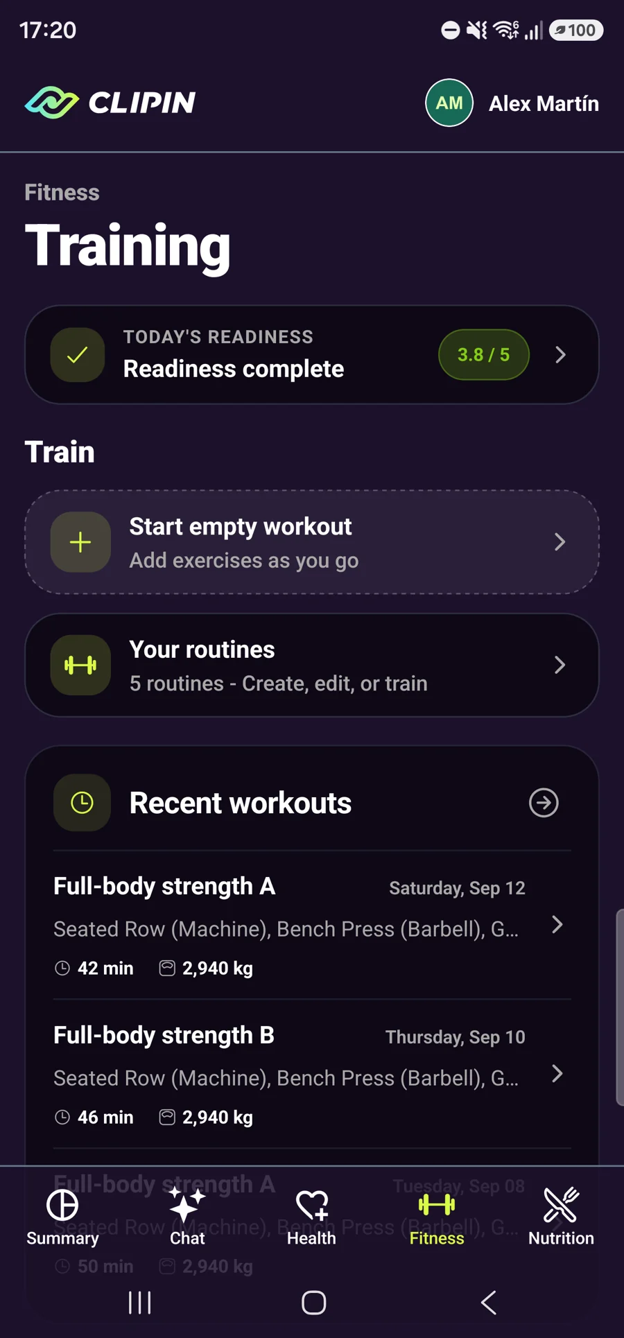 Training overview with routines and muscle group progress