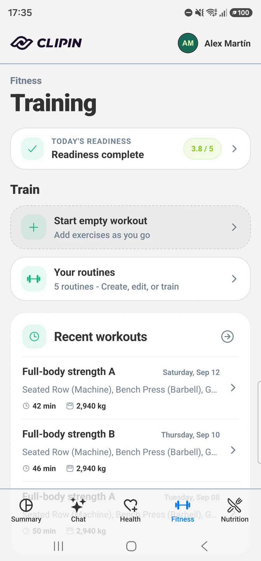 Training overview with routines and muscle group progress