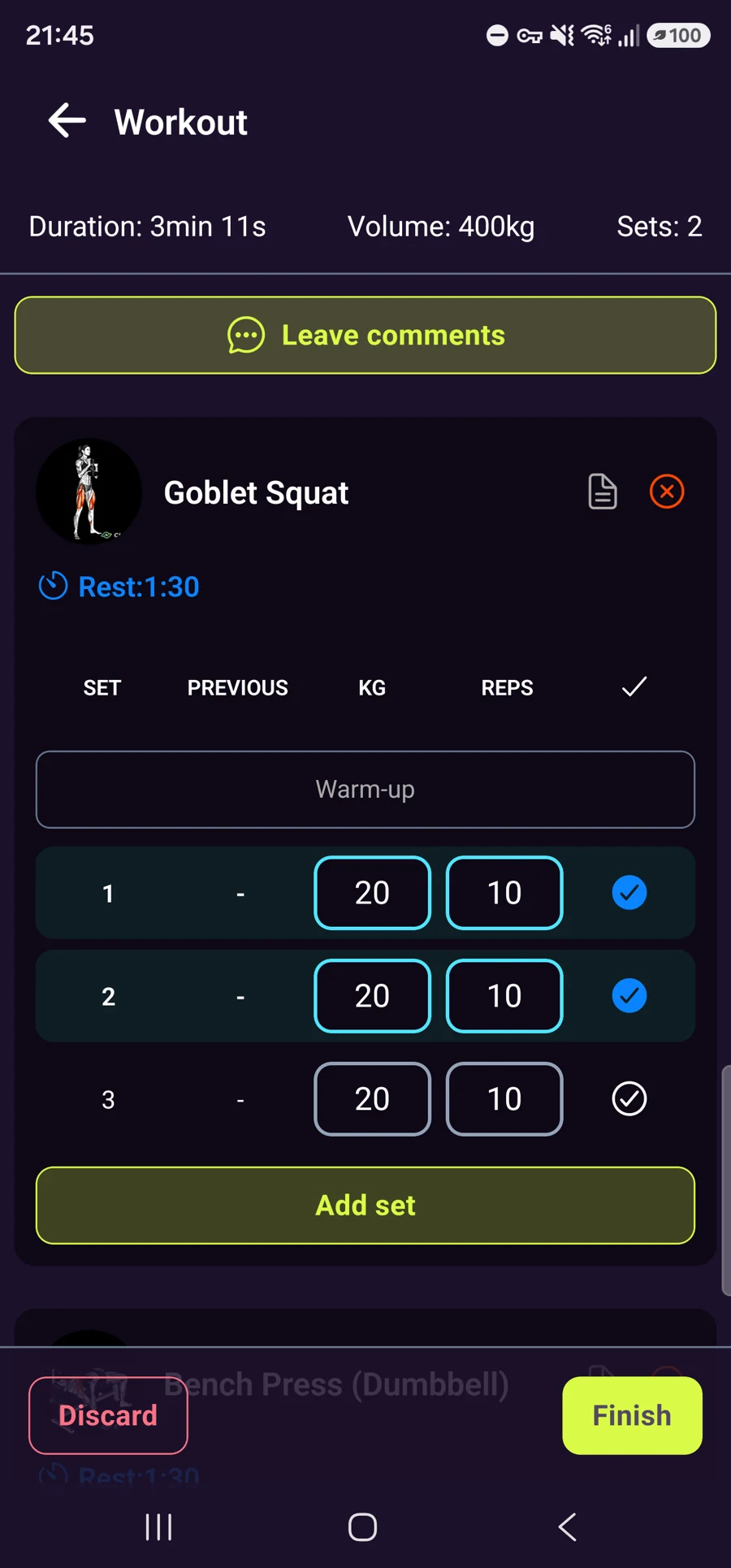 Workout in progress with completed and pending sets