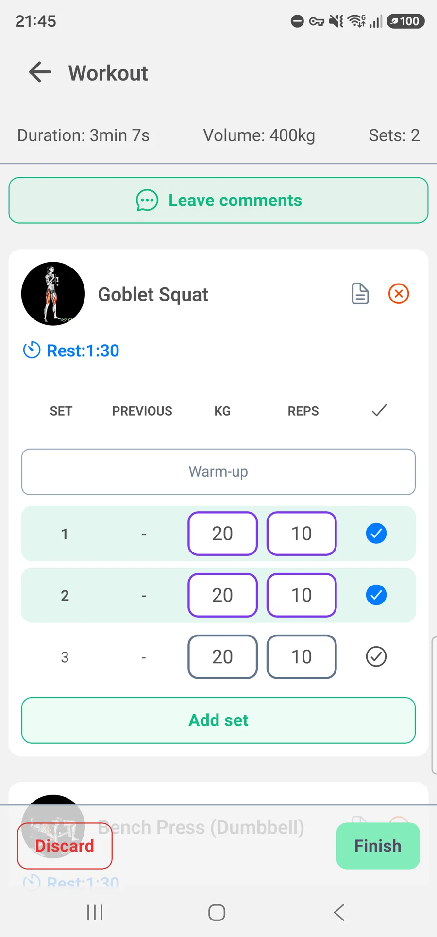 Workout in progress with completed and pending sets