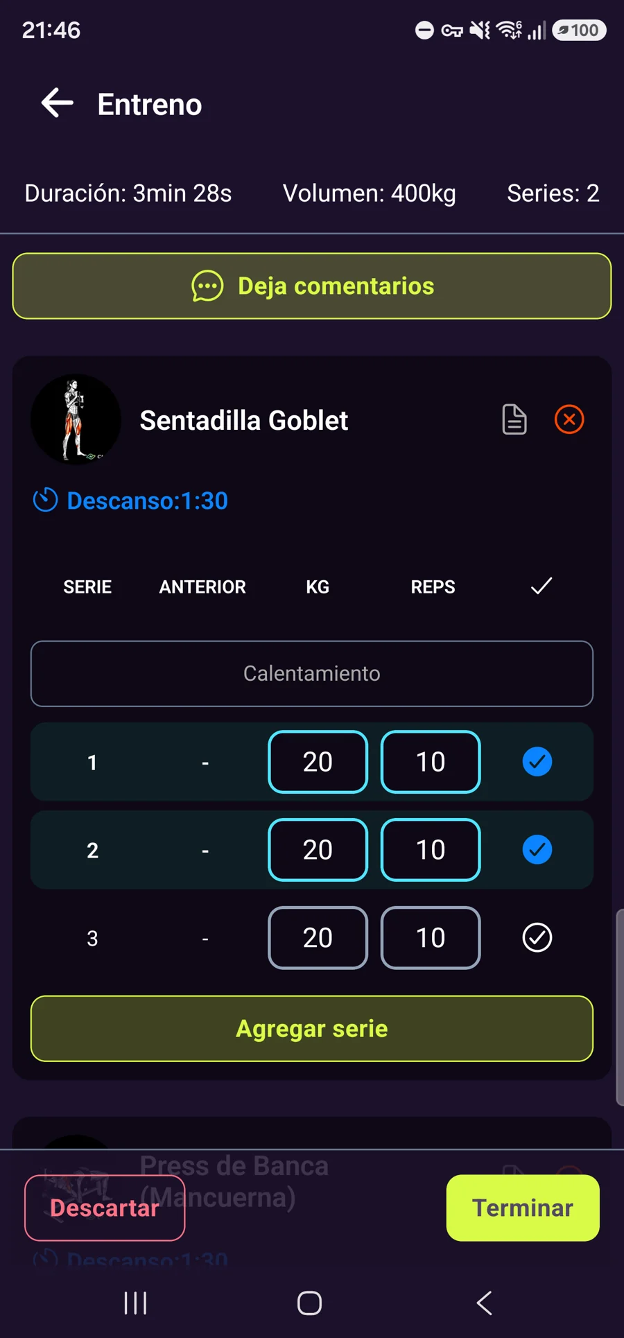 Entrenamiento en curso con series completadas y pendientes