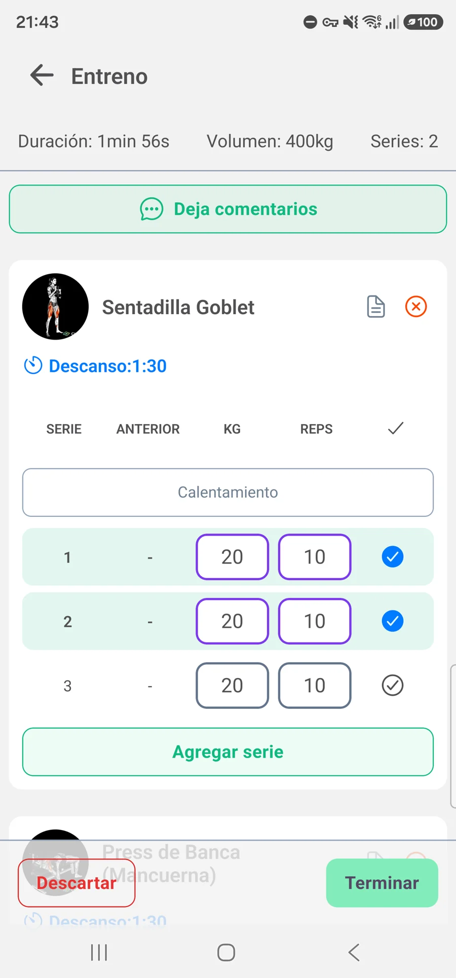 Entrenamiento en curso con series completadas y pendientes