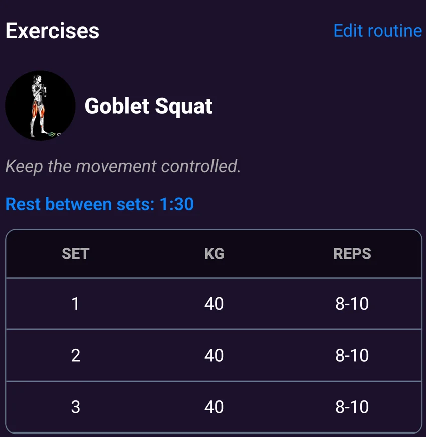 Routine exercise with sets, weights, repetitions and rest