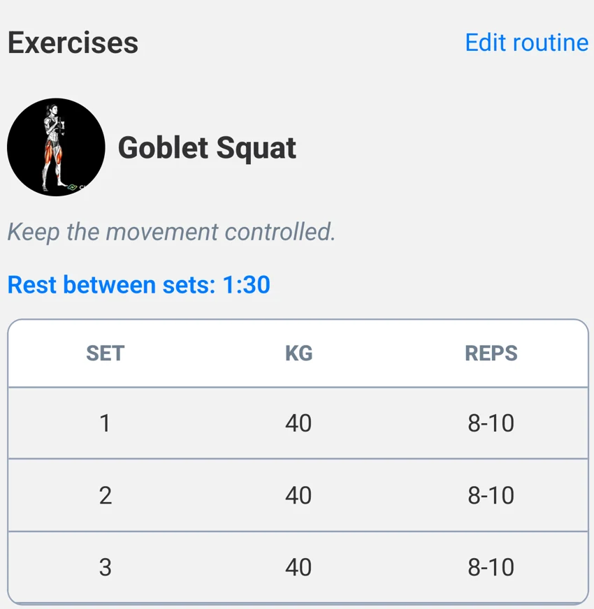 Routine exercise with sets, weights, repetitions and rest