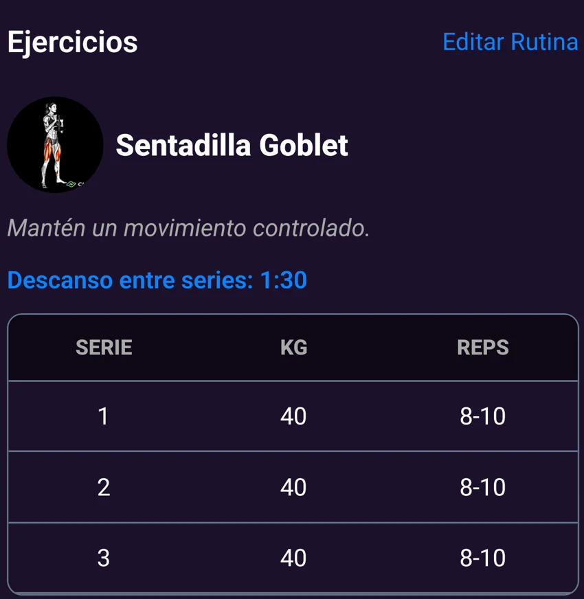 Ejercicio de una rutina con series, pesos, repeticiones y descanso