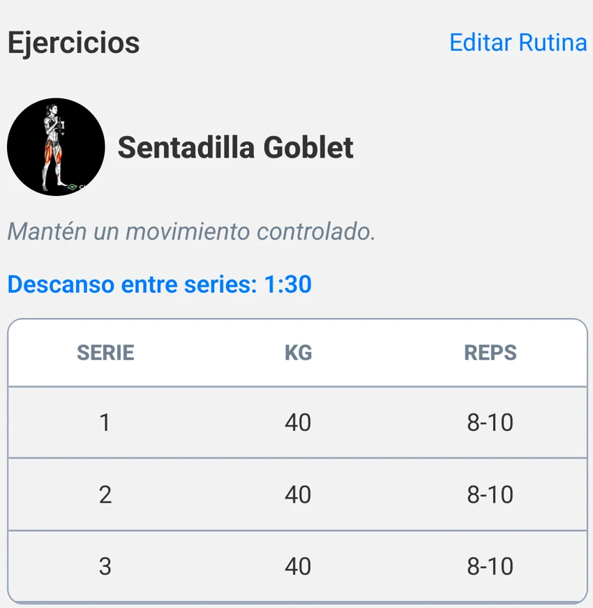 Ejercicio de una rutina con series, pesos, repeticiones y descanso
