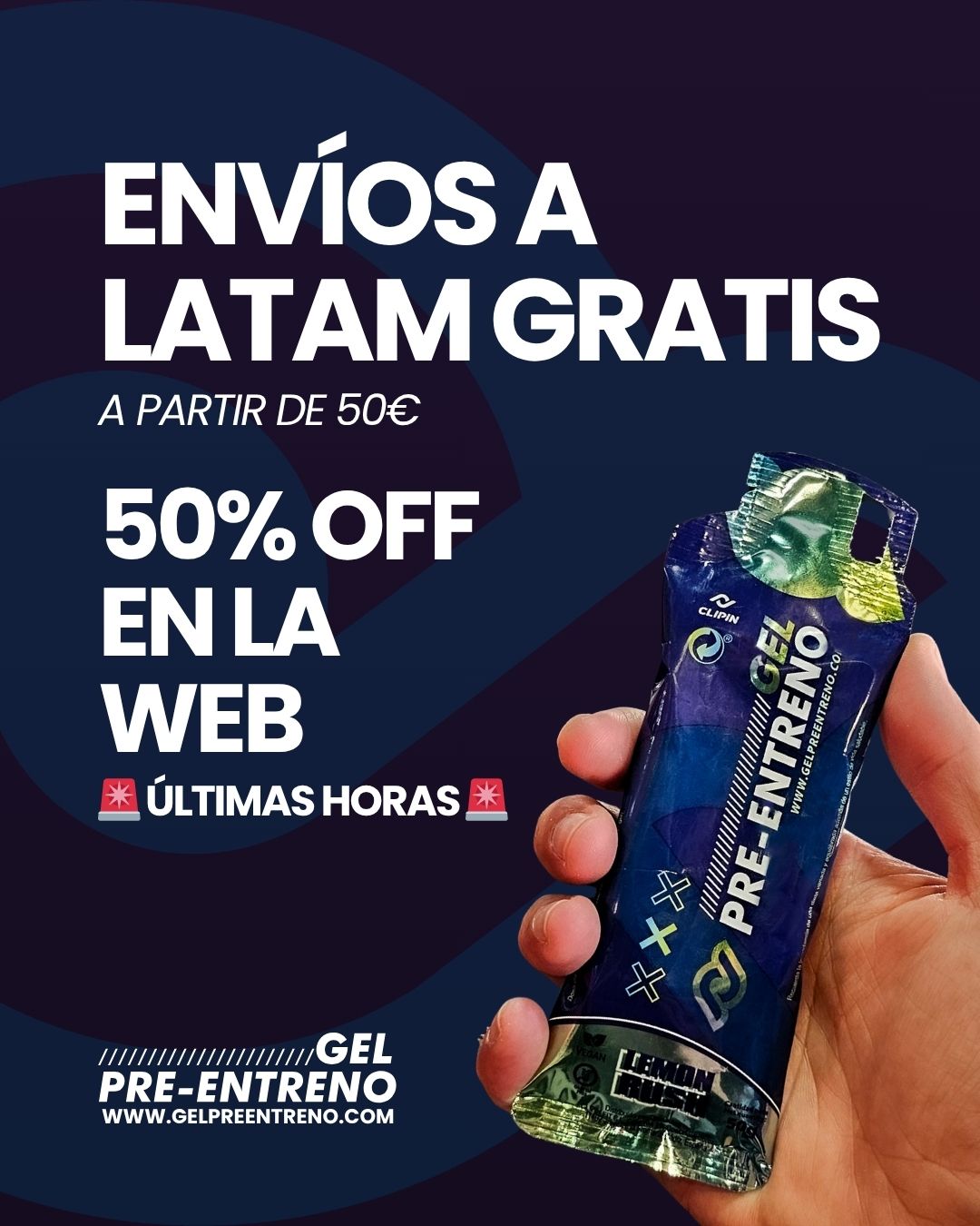 A hand holding a gel sachet next to the discount and Latin America shipping announcement.