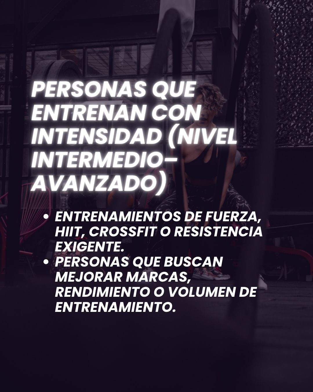 Person training in a gym alongside the profile of intense training.
