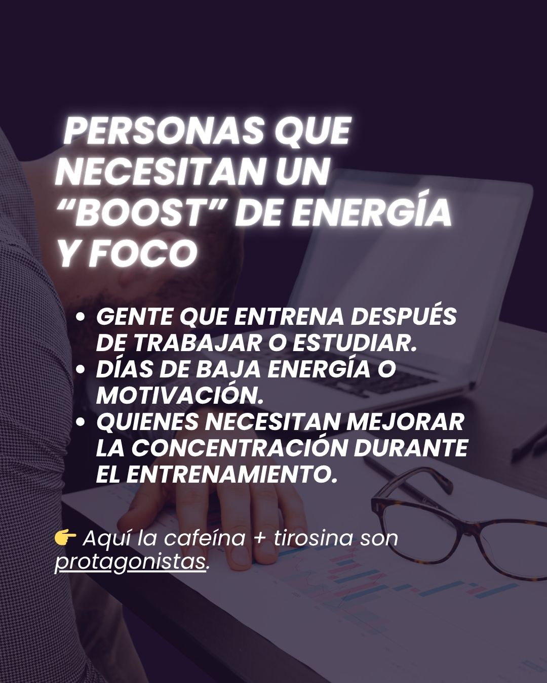 Study desk with laptop and glasses next to text about energy and concentration.