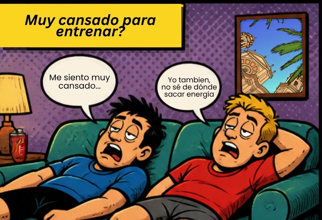 Two tired friends on a sofa, in the first panel of the comic.