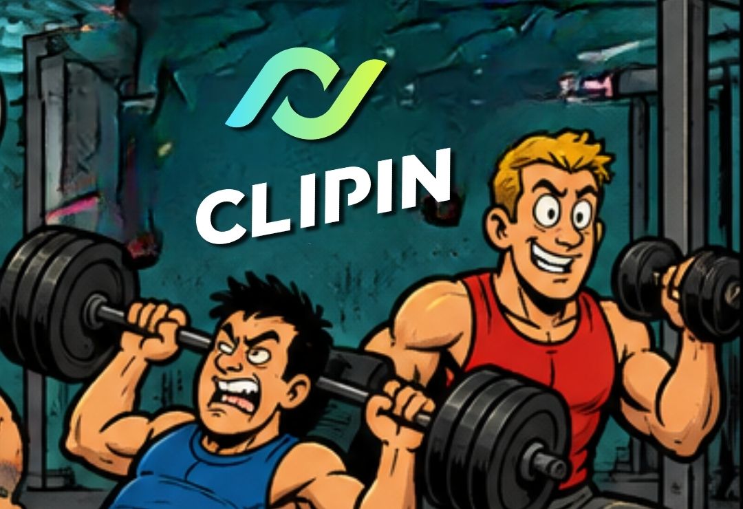 The comic's protagonists train with weights under the CLIPIN logo.