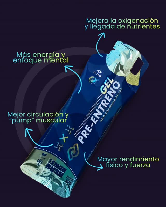 Packet of Pre-Workout Gel surrounded by four arrows indicating the advertised benefits.