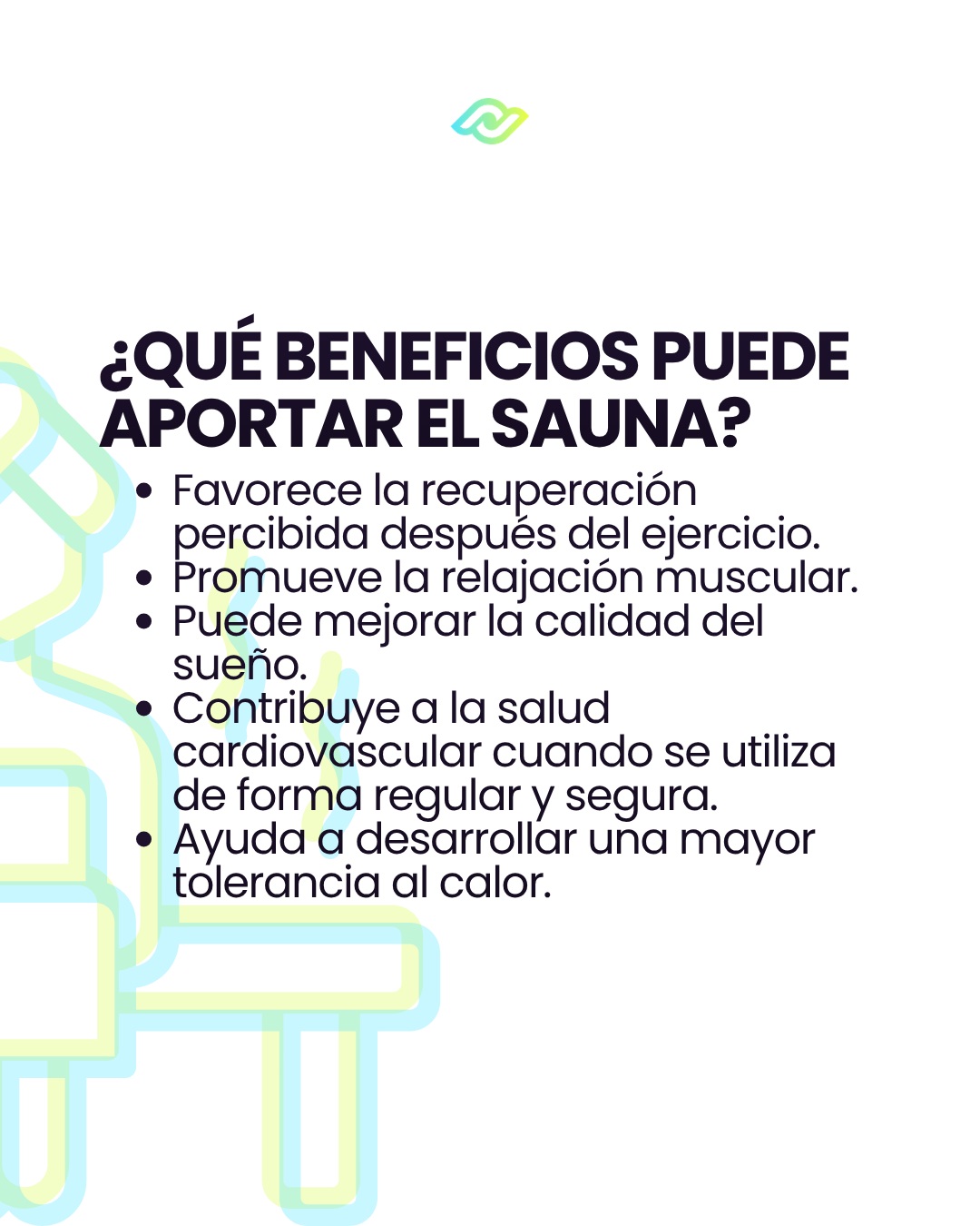 List of possible sauna benefits with a weights icon.