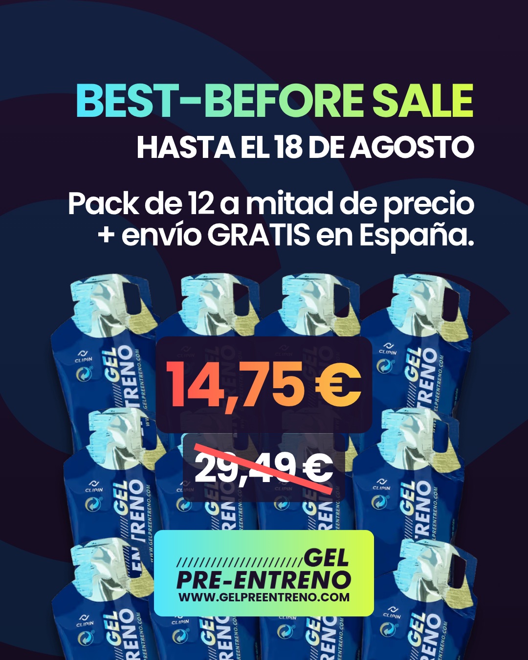 Twelve CLIPIN gel sachets on a poster for a now-ended August promotion.