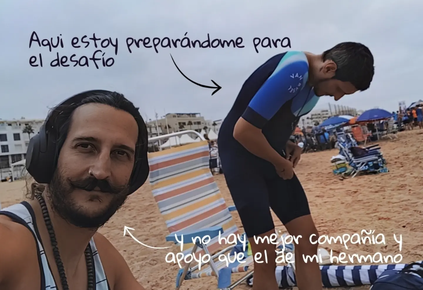 Preparations on the beach before swimming, with the support of my brother.